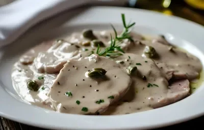 La fotografía muestra rodajas de carne de lagarto cubiertas con salsa blanca y alcaparras.