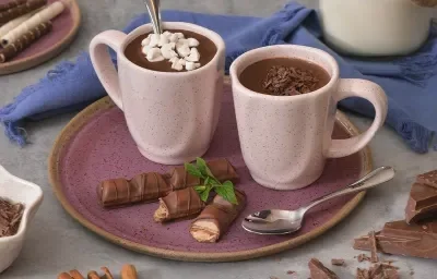 Foto de duas canecas em tom rosa claro, contendo a receita de Chocolate Quente, sobre um prato em tom violeta, com um tecido em tom azul atrás, uma jarra com leite e pedaços de chocolate e canelas em pau sobre a mesa