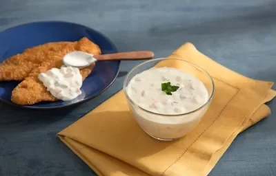 Fotografia em tons de azul, bege e branco com bancada azul contendo prato azul com porção de peixe empanado e molho com uma colher, ao lado potinho com um molho branco sobre guardanapo bege.