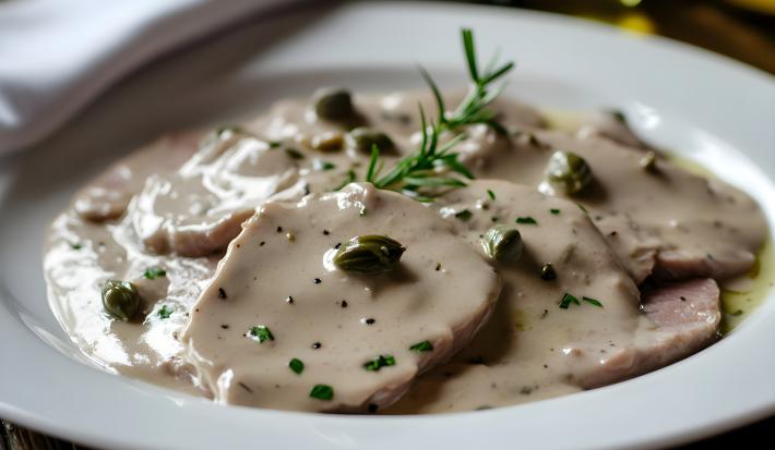 La fotografía muestra rodajas de carne de lagarto cubiertas con salsa blanca y alcaparras.